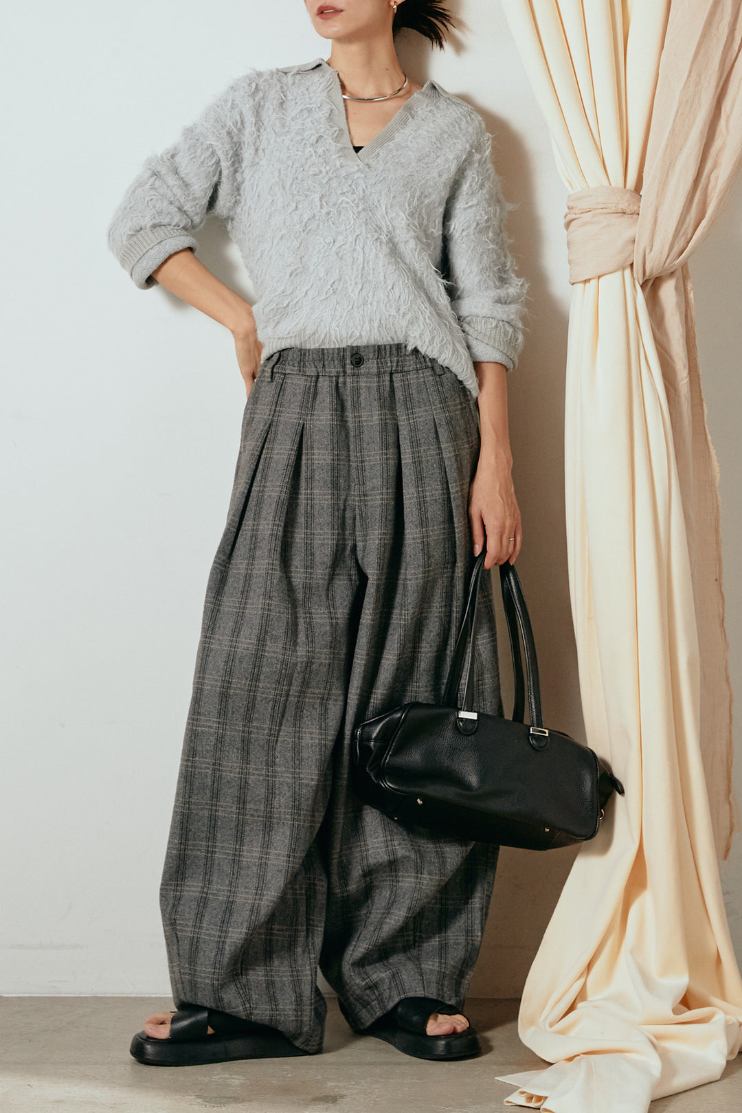 [SET]襟付きシャギーニットポロトップス+タータンチェック柄タックパンツ(2set)