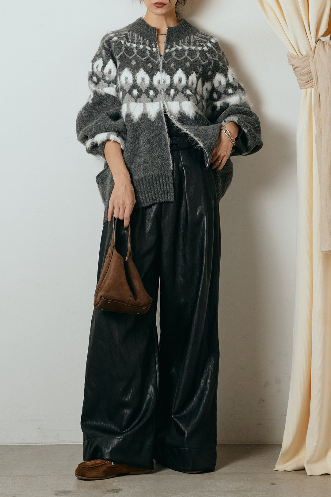 [SET]起毛ダブルジップパターンニットカーディガン+ベルト付きレザーライクタックパンツ(2set)
