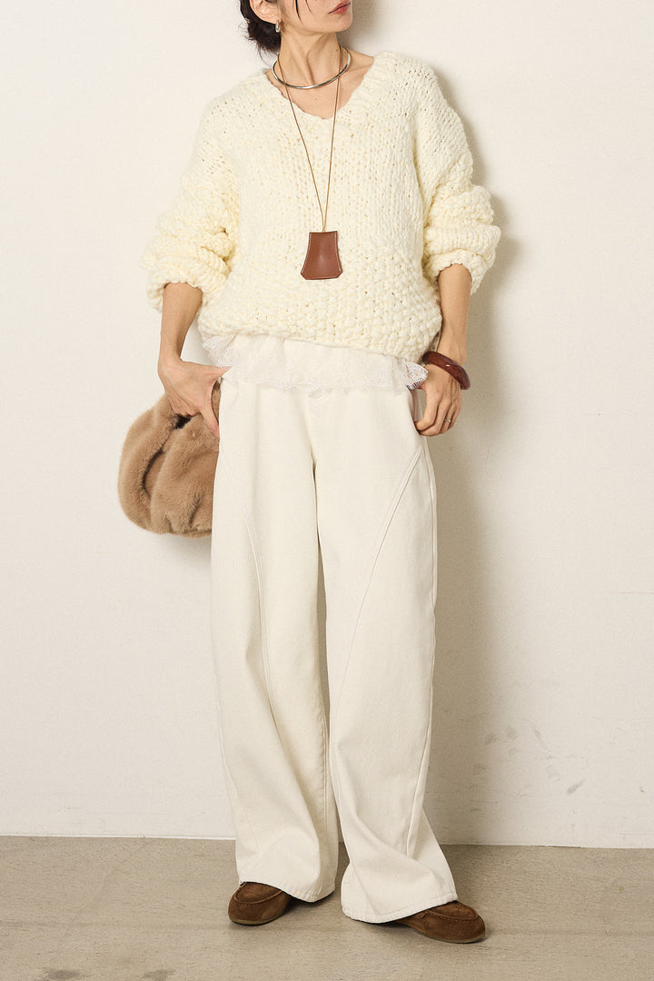 [SET]Vネックハンド編みニットトップス+ベルト付きカジュアルカーブワイドパンツ+レース切り替えキャミソール(3set)