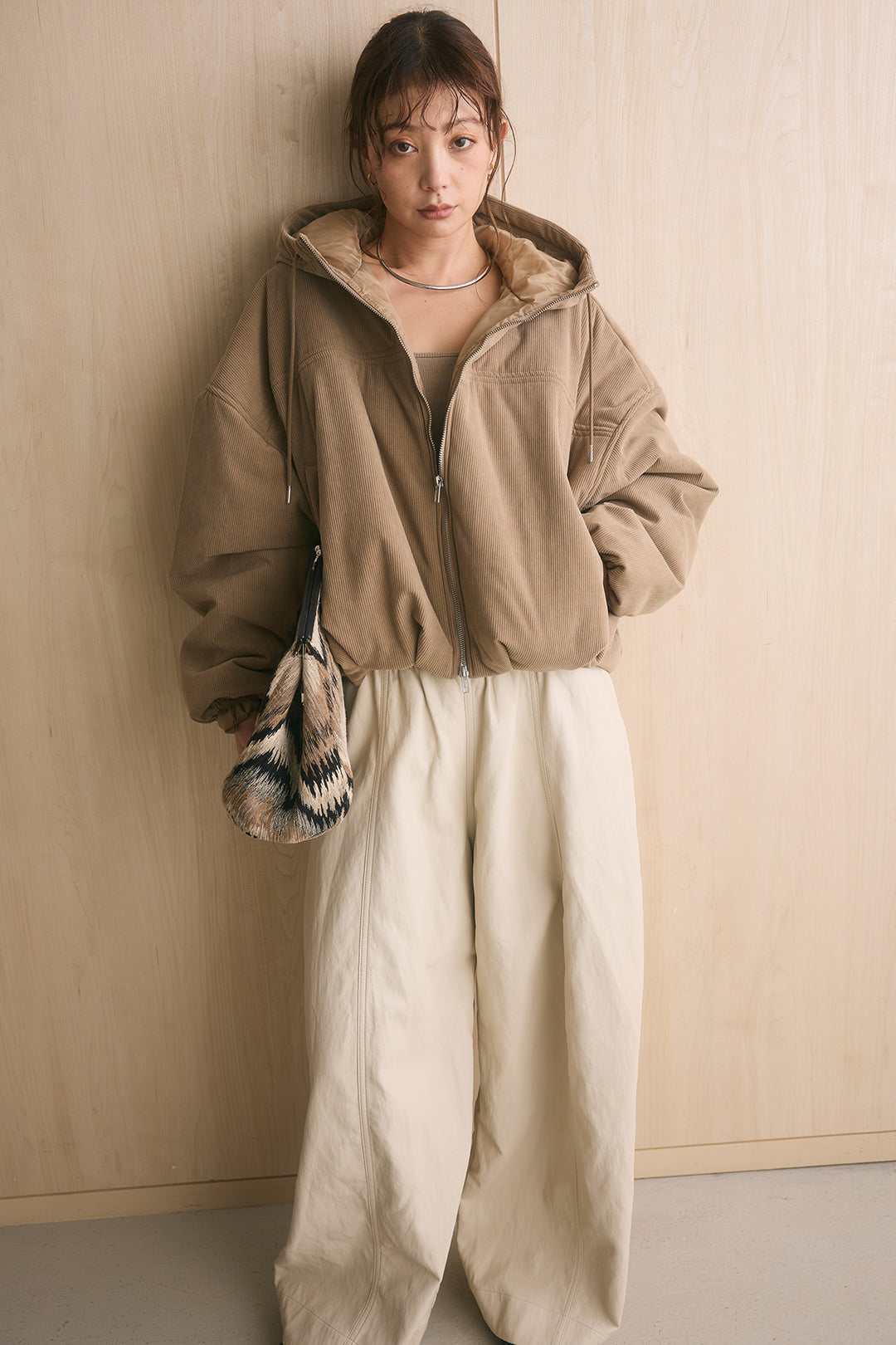 [SET]コーデュロイフーディバルーンブルゾン+フェイクレザーカーブワイドパンツ(2set)