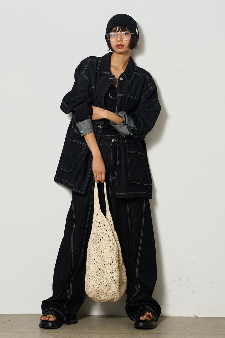 【即納】ステッチデザインデニムジップジャケット