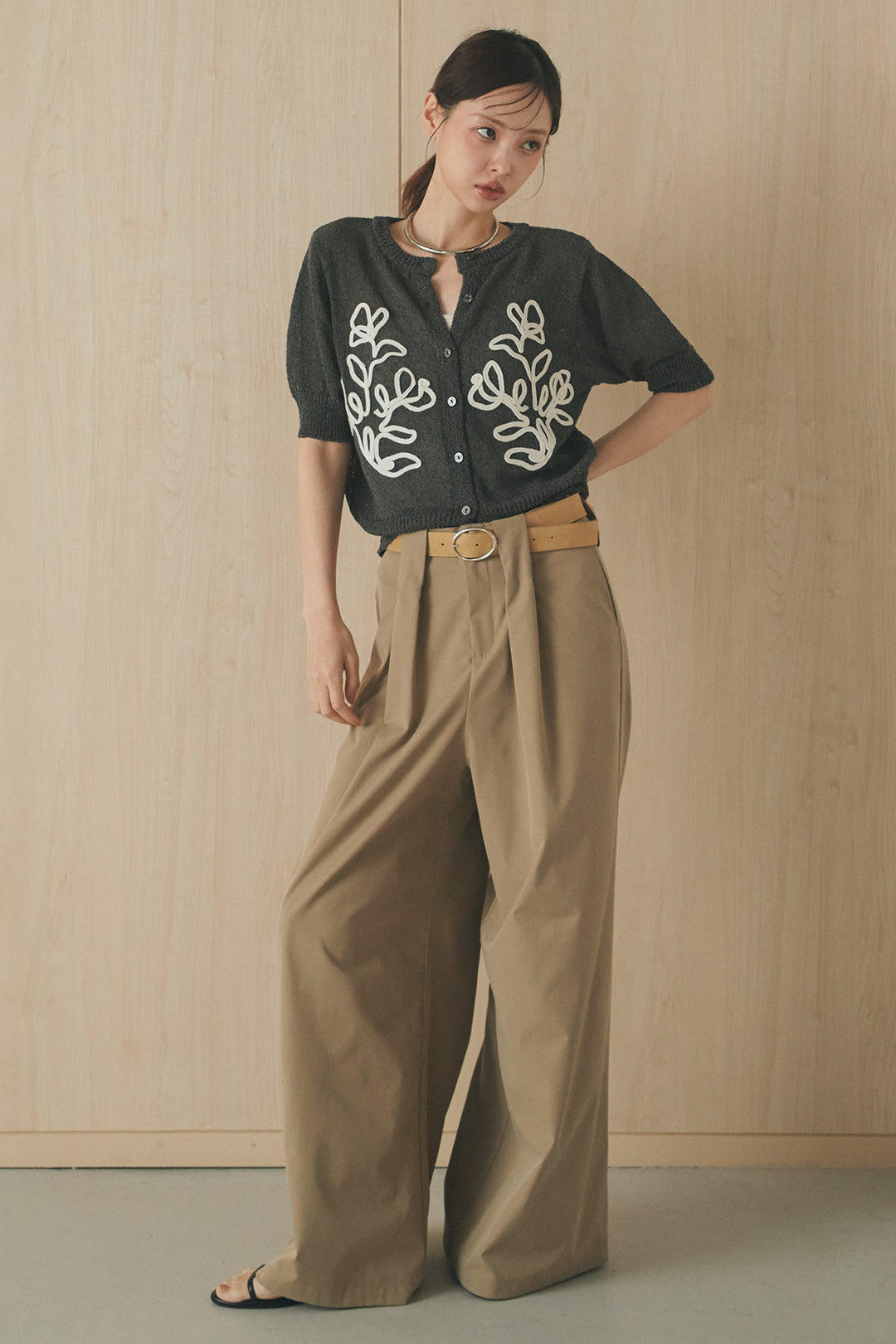 [SET]フロントテープデザイン半袖カーディガン+ベルトループデザインハイウエストタックパンツ(2set)
