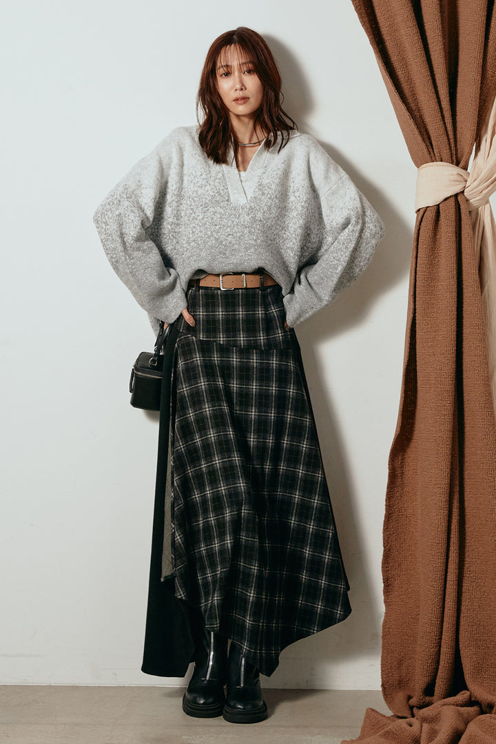 [SET]グラデーションラメニットキーネックプルオーバー+フェイクレザーベルト付き切り替えタータンチェックスカート(2set)