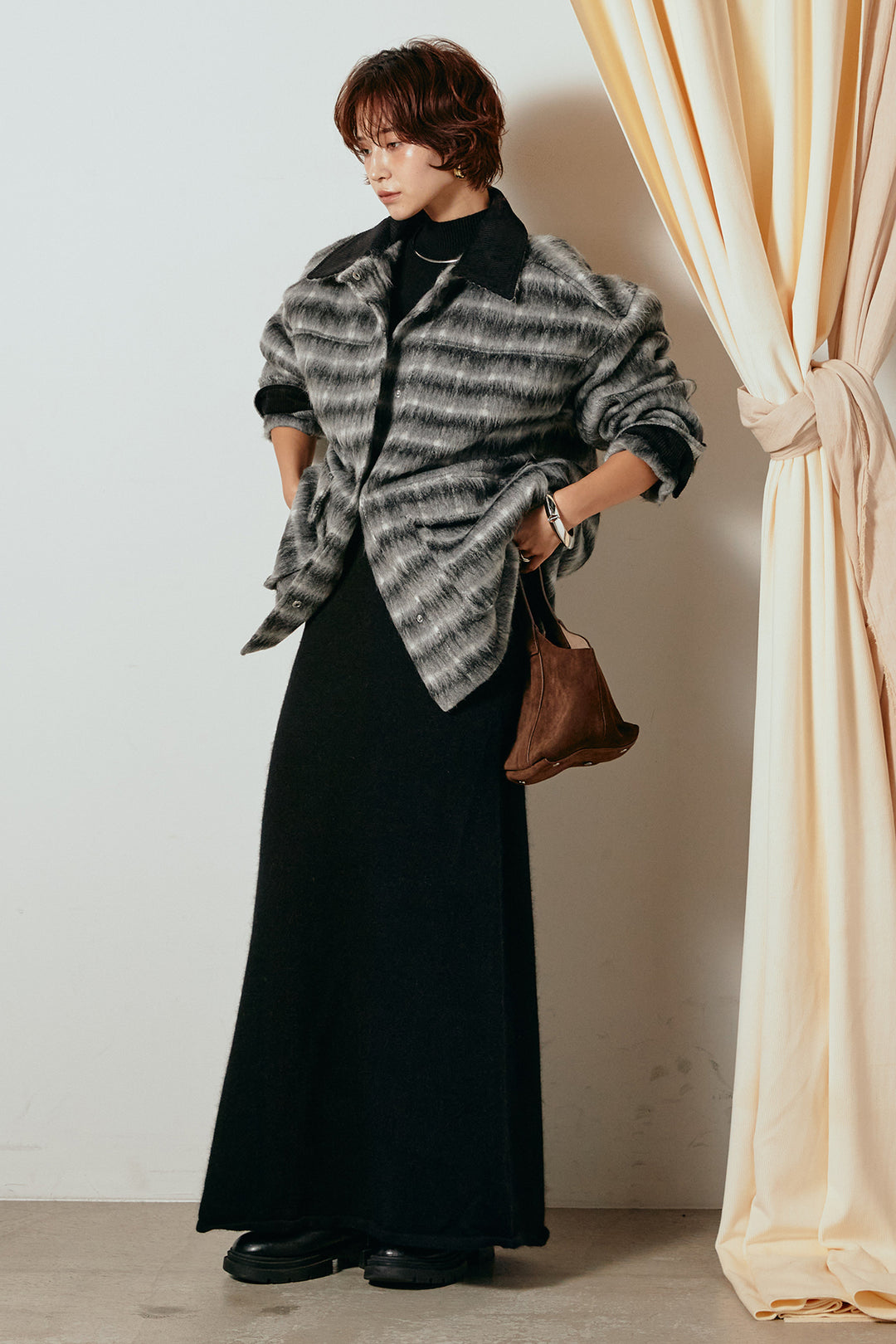 [SET]チェックシャギーミドルカバーオール+ノースリーブニットロングワンピース(2set)