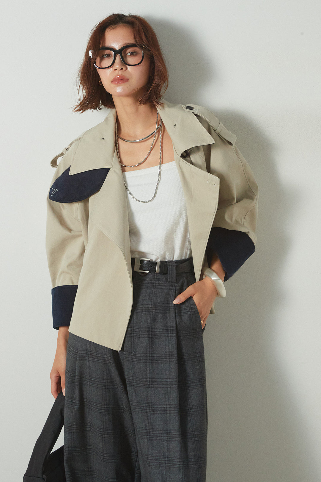 [SET]ハイネック配色ジャケット+フェイクレザーベルト付きタータンチェックパンツ(2set)