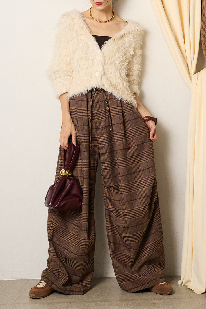 [SET]襟付きシャギーニットカーディガン+グレンチェックルーズタックパンツ(2set)
