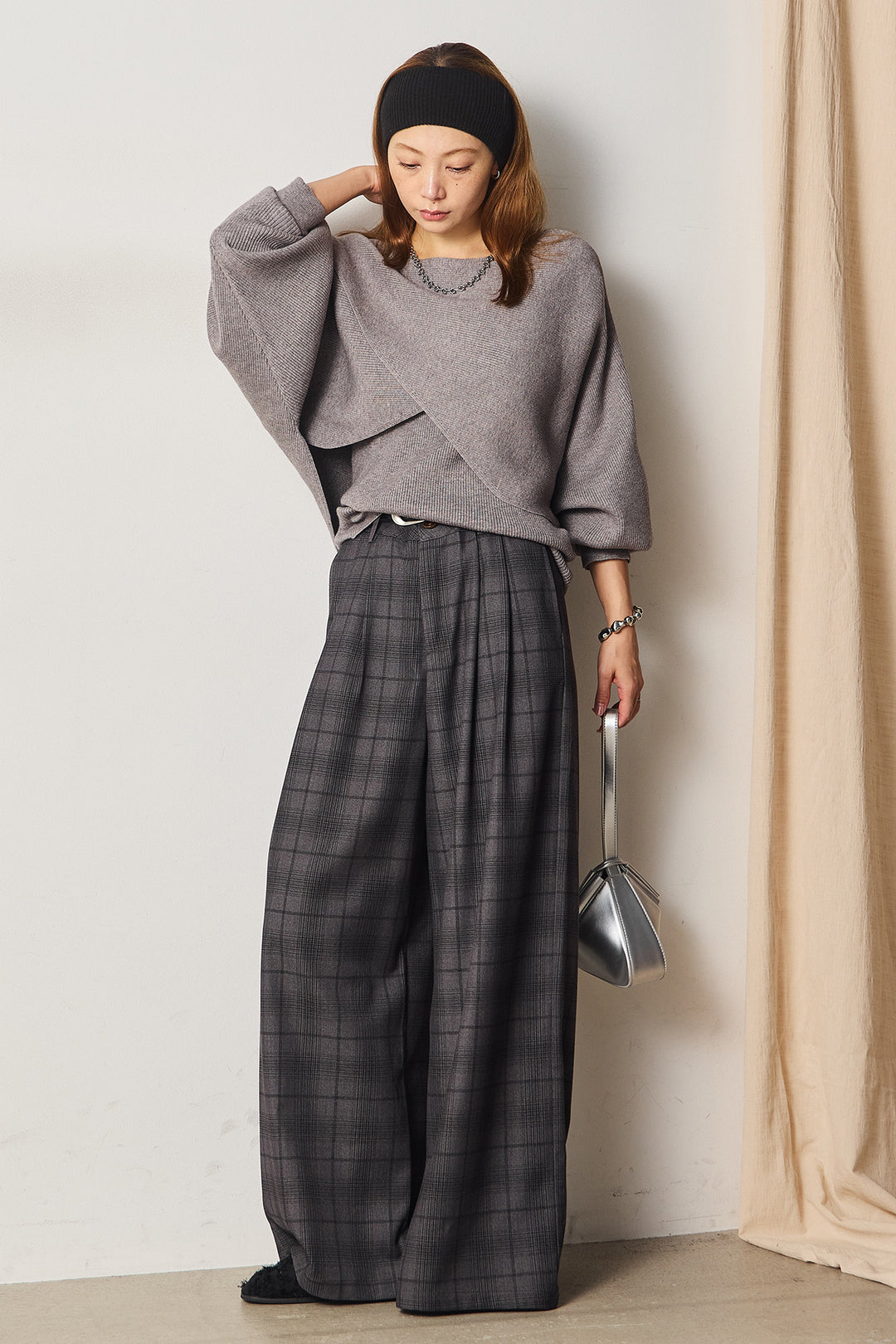 [SET]タンク付きクロスデザインニットプルオーバー+タック入りタータンチェックワイドパンツ(2set)