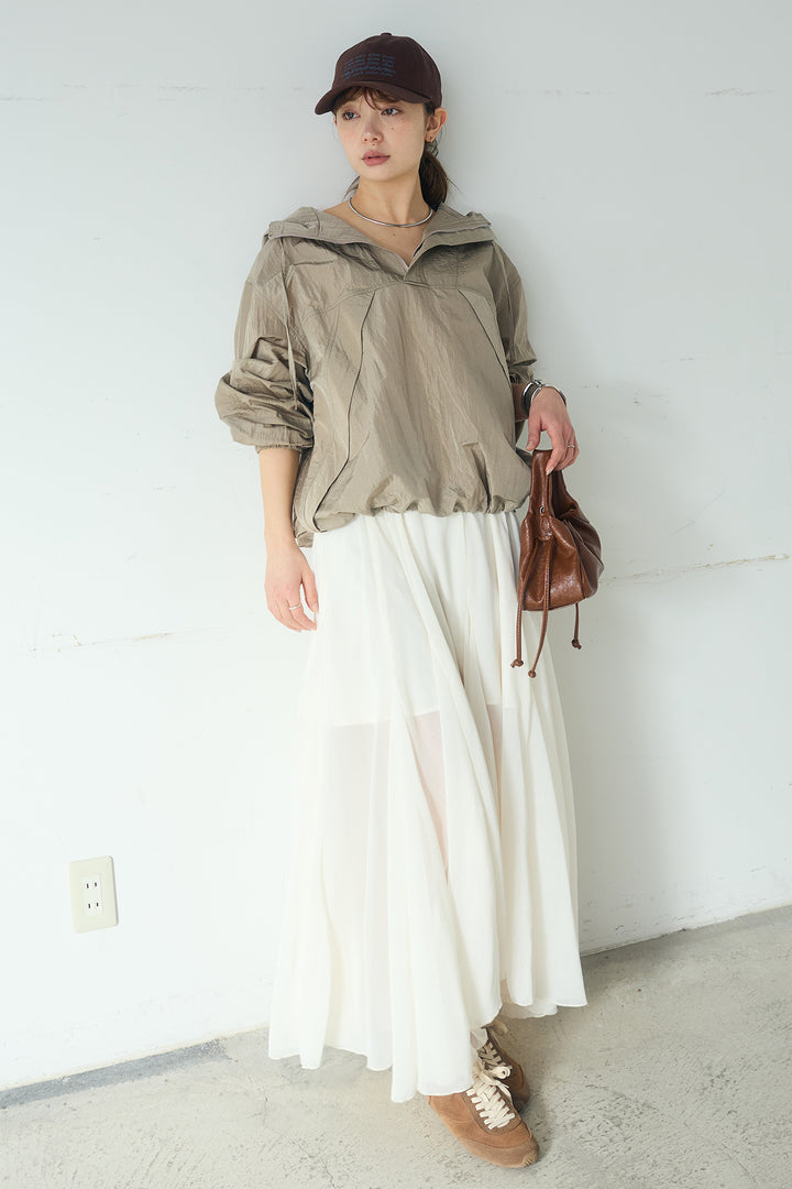 [SET]ナイロンフーディーブルゾンアウター+シアーフリルキャミワンピース(2set)