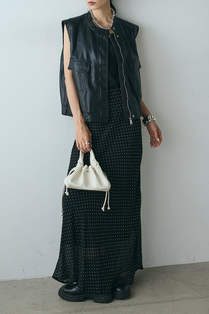 [SET]バンドカラーフェイクレザーベスト+マルチ柄シアースカート(2set)