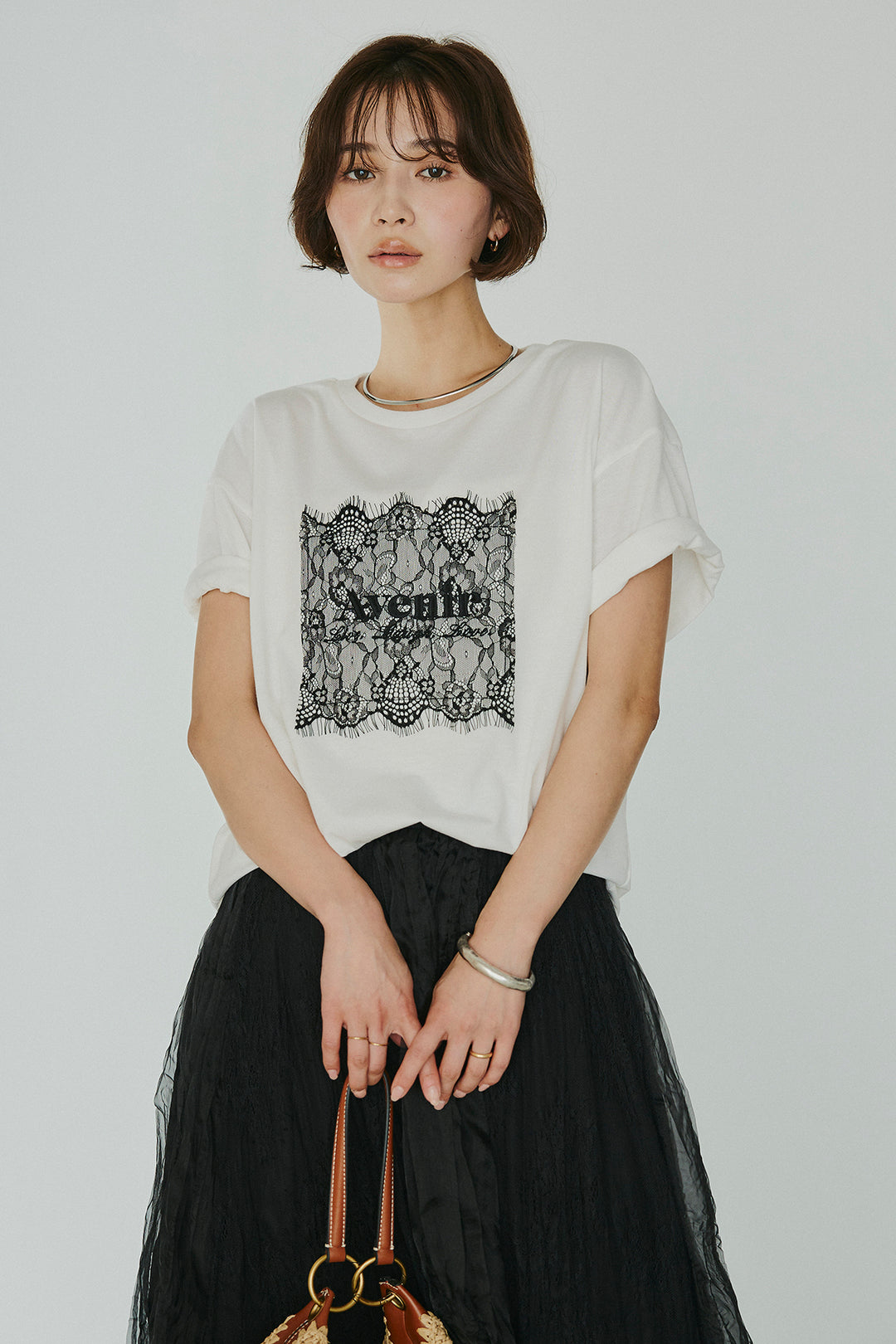 [SET]レースロゴ刺繍Tシャツ+レースコンビワッシャーギャザースカート(2set)