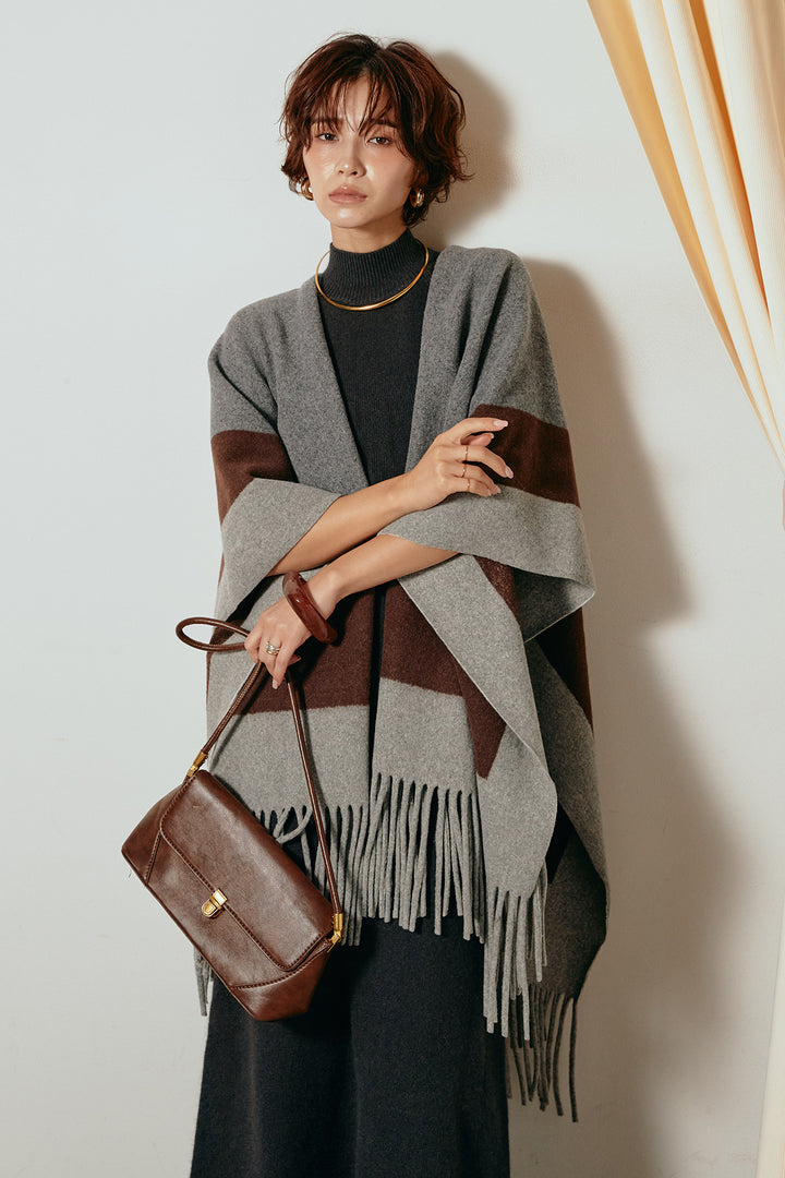 [SET]裾フリンジ柄ポンチョアウター+ノースリーブニットロングワンピース(2set)