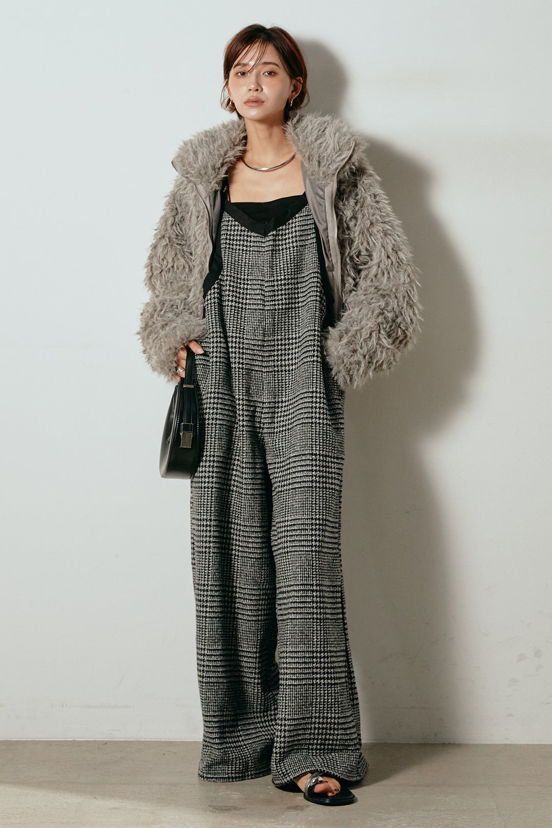 [SET]ミックスシープファースタンドブルゾン+前後2wayグレンチェック柄スカーチョサロペット(2set)