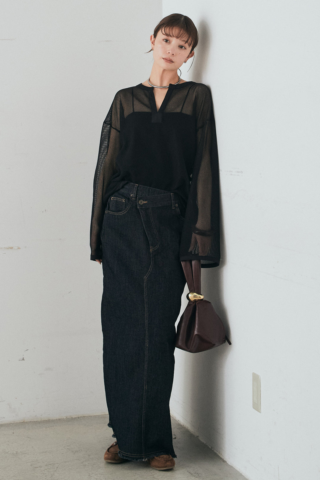 [SET]メッシュカットソースキッパープルオーバー+ウエストクロスデニムタイトスカート(2set)