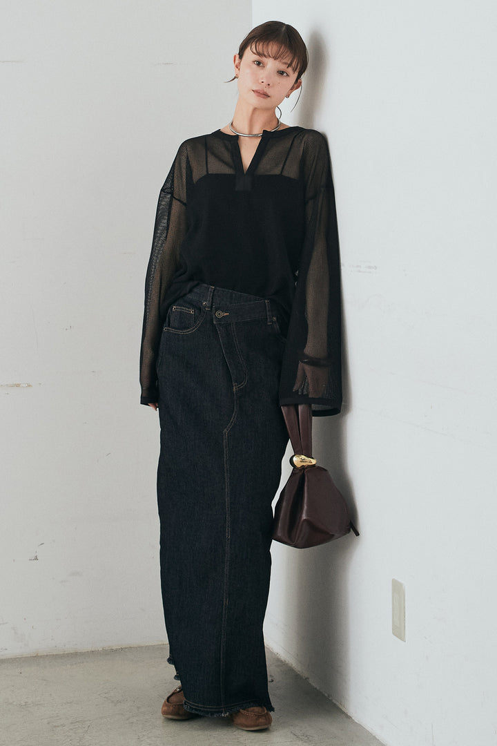 [SET]メッシュカットソースキッパープルオーバー+ウエストクロスデニムタイトスカート(2set)