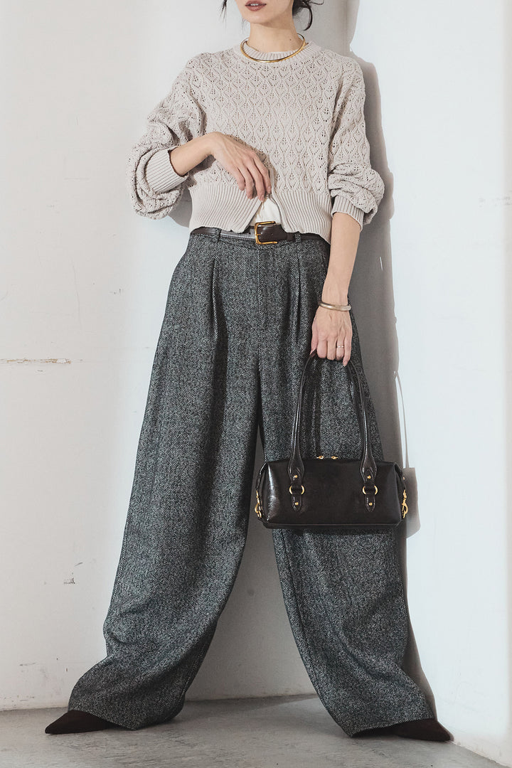 [SET]透かし編みニットジップスリットプルオーバー+タックツイードワイドパンツ(2set)