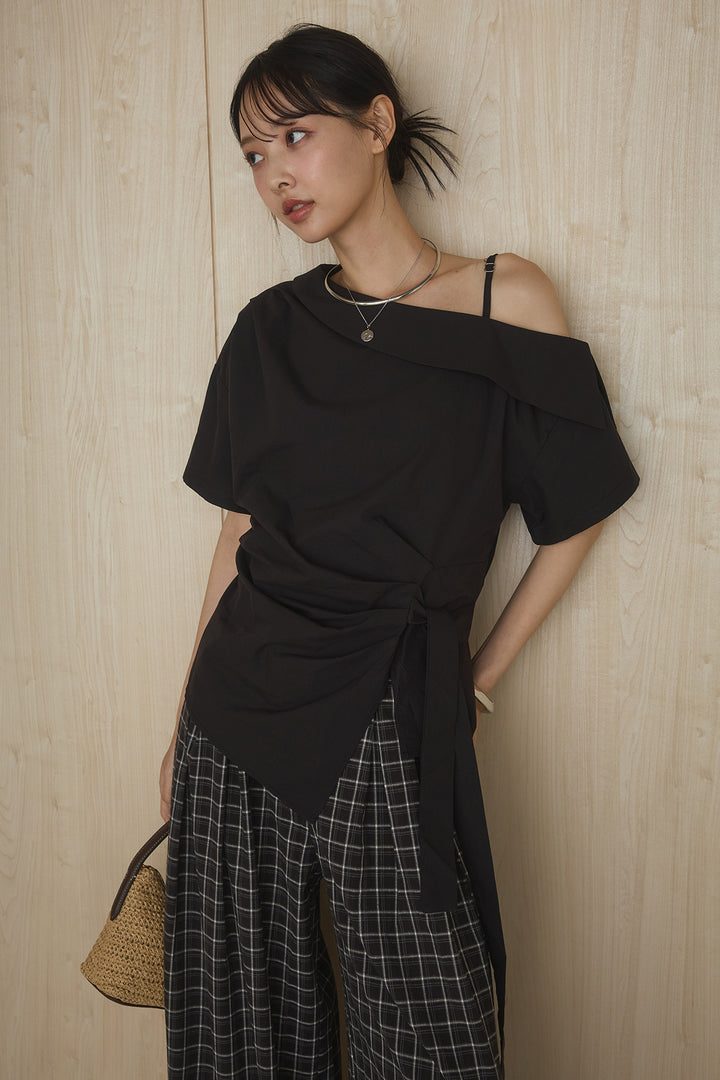 [SET]ワンショルダーウエスト巻きブラウス+ツータックチェックワイドパンツ(2set)