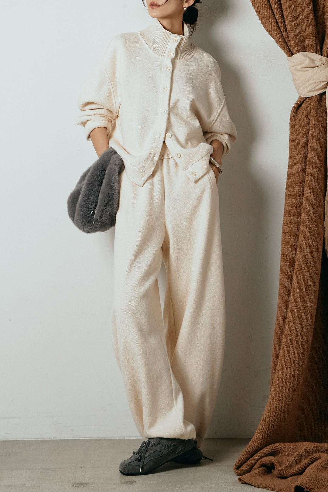 [SET]リブスタンドネックボタントップスSETUP