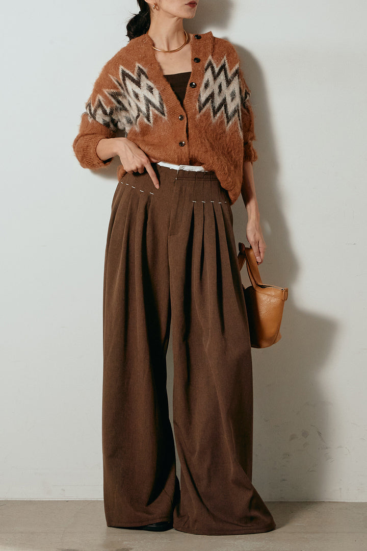 [SET]起毛ノルディック柄ニットカーディガン+ウエストステッチデザインワイドスラックス(2set)