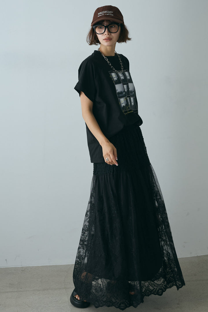 [SET]フォトプリントラグランTシャツ+ミックスレース刺繍スカート(2set)