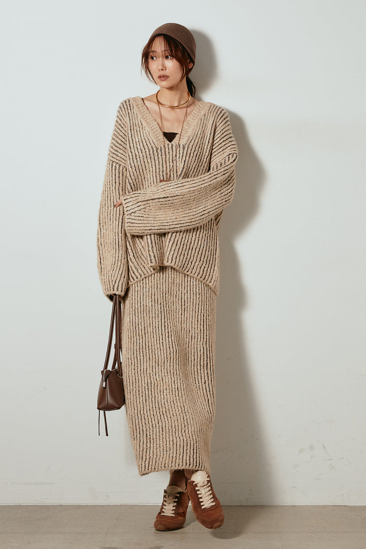 [SET]アルパカタッチ深Vニットトップス+アルパカタッチニットタイトスカート(2set)