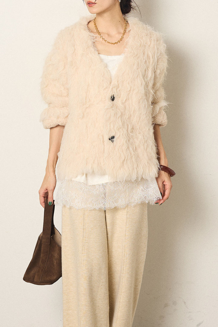 [SET]起毛シャギーニットカーディガン+レース切り替えキャミソール(2set)