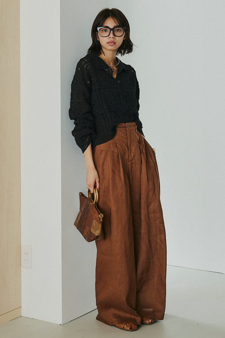 [SET]鍵編みフラワーレースカーディガン+タック入りワイドパンツ(2set)