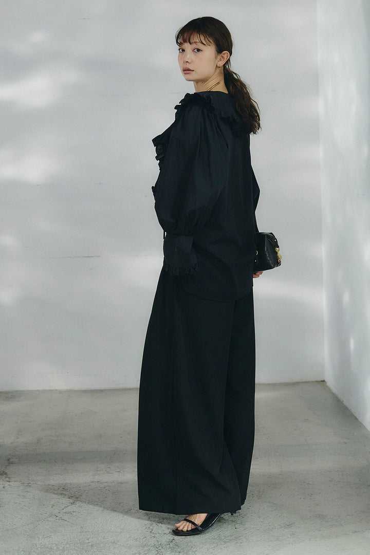 [SET]コットンフリルブラウス+ベルト付きタックデザインハイウエストロングパンツ(2set)