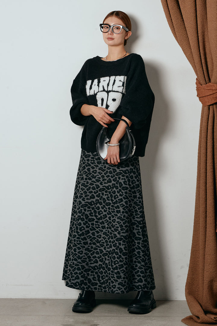 [SET]ロゴジャガードニットトップス+レオパードロングスカート(2set)