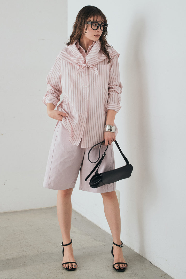 [SET]ランダムストライプスカーフ付きシャツ+デニムハーフパンツ(2set)