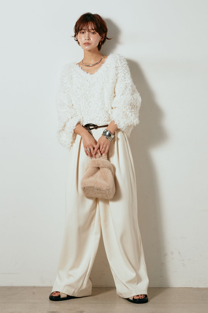 [SET]深Vネックチョウチョヤーンニットトップス+細フェイクレザーベルト付きワイドタックパンツ(2set)