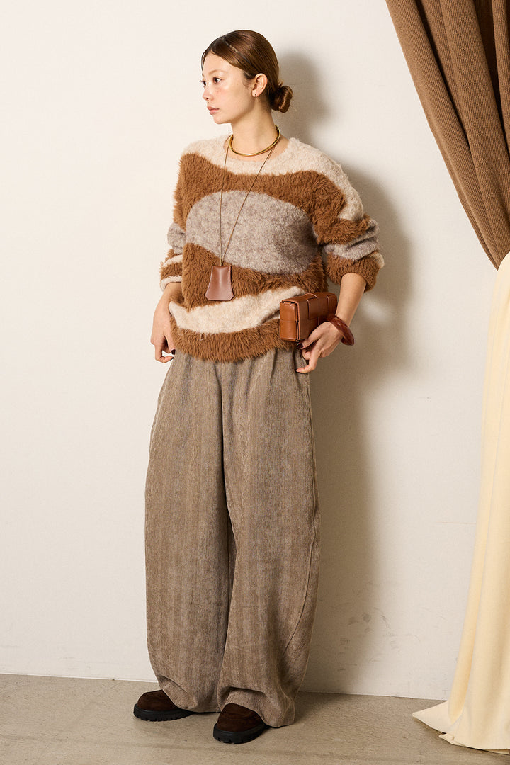 [SET]シャギーウェーブ柄クルーネックニットトップス+かすれデザインワイドパンツ(2set)