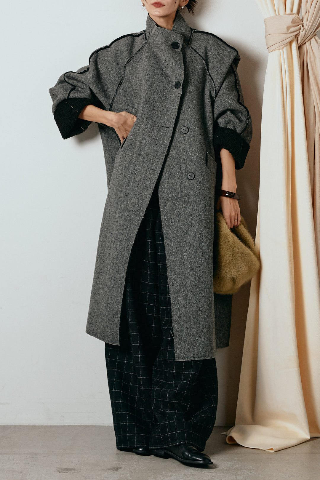 [SET]裏地ボアハイネックロングアウター+ウールライクチェックタックパンツ(2set)