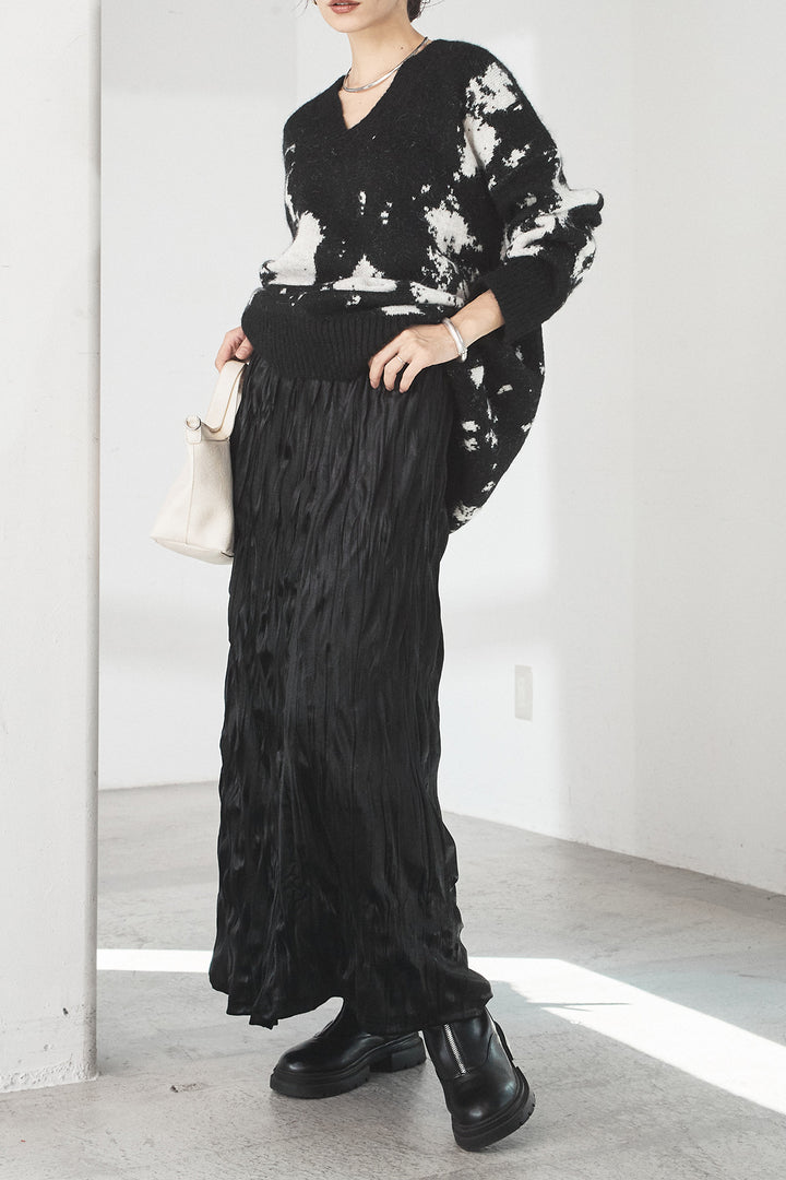 [SET]アブストラクト柄ニットプルオーバー+ベロアロングプリーツスカート(2set)