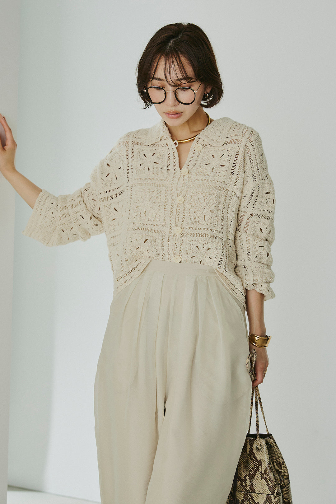 [SET]鍵編みフラワーレースカーディガン+オーガンジータックパンツ(2set)