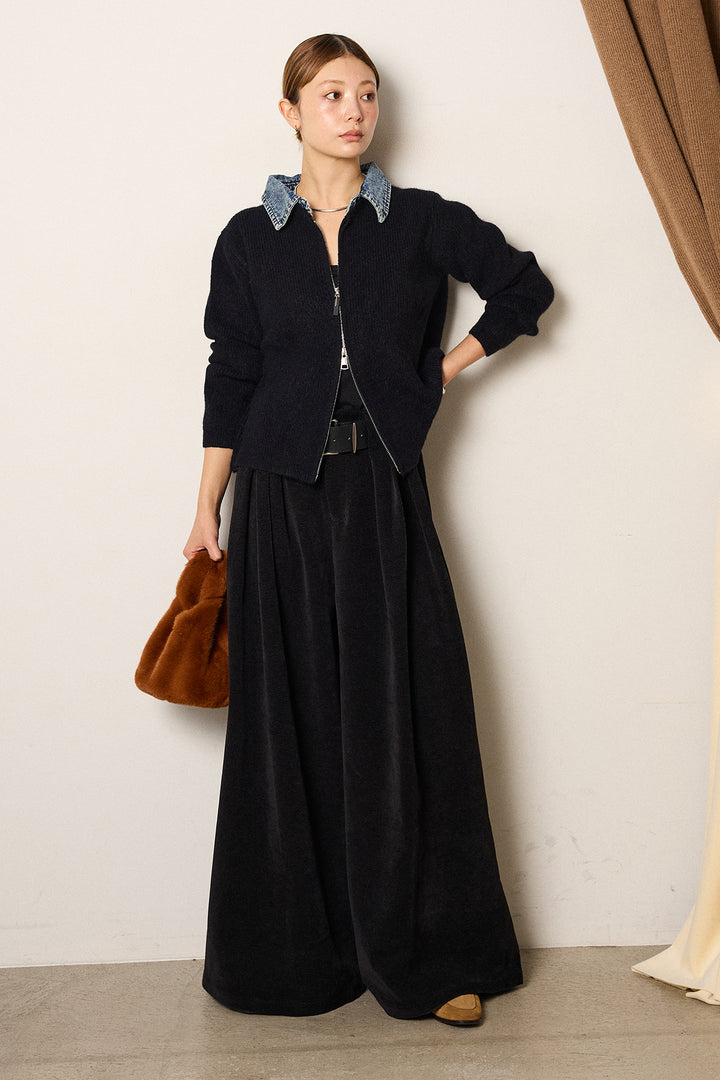 [SET]デニム襟ダブルジップニットトップス+ベルトループコーデュロイワイドパンツ(2set)