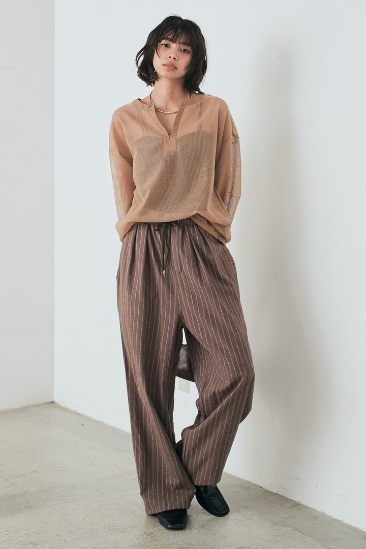 [SET]メッシュカットソースキッパープルオーバー+リネンライクストライプタックイージーパンツ(2set)
