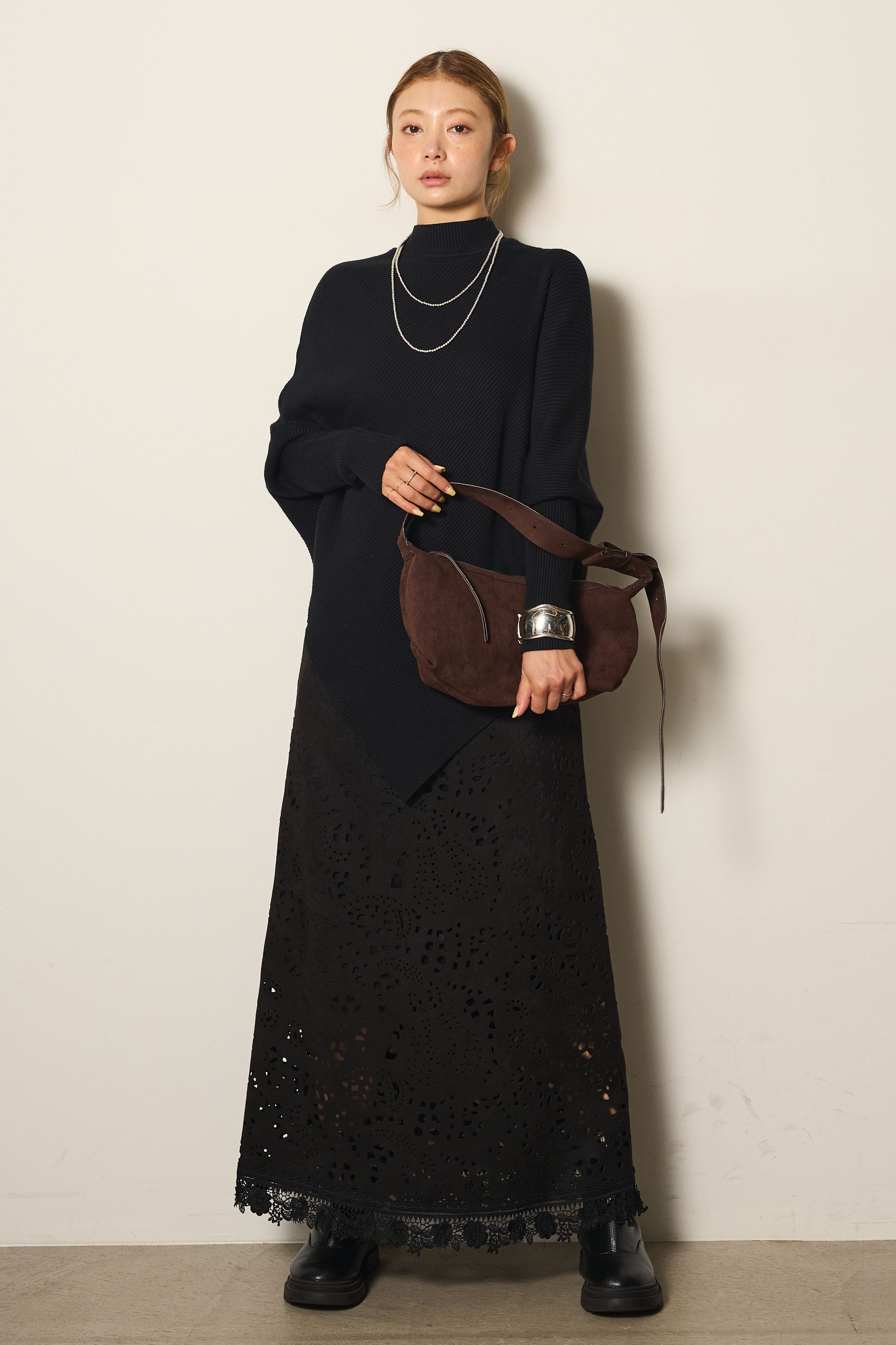 ランダムチェックアンサンブルトップス　Fサイズ SET]裾アシメデザインニットトップス+ランダム柄ワイドスカート