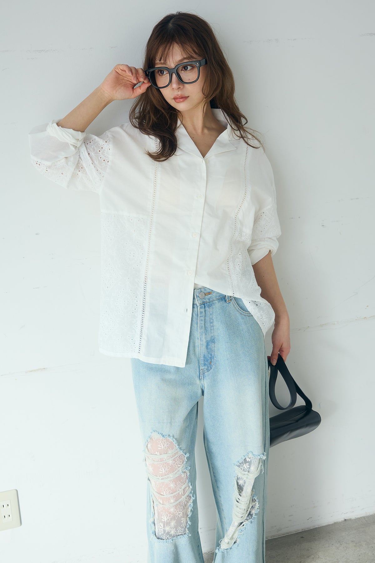 SET]ローンレースオープンカラーシャツ+デニムレース付きワイドパンツ