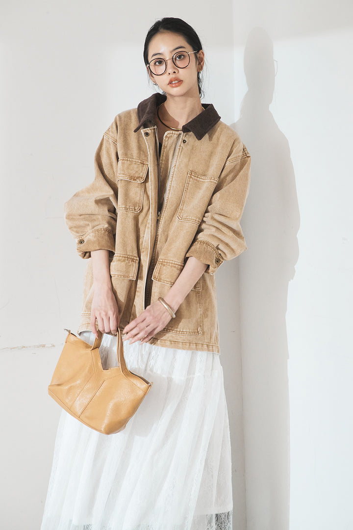 [SET]襟コーデュロイジップデニム調カバーオール+ひげレース切替ロング丈スカート(2set)