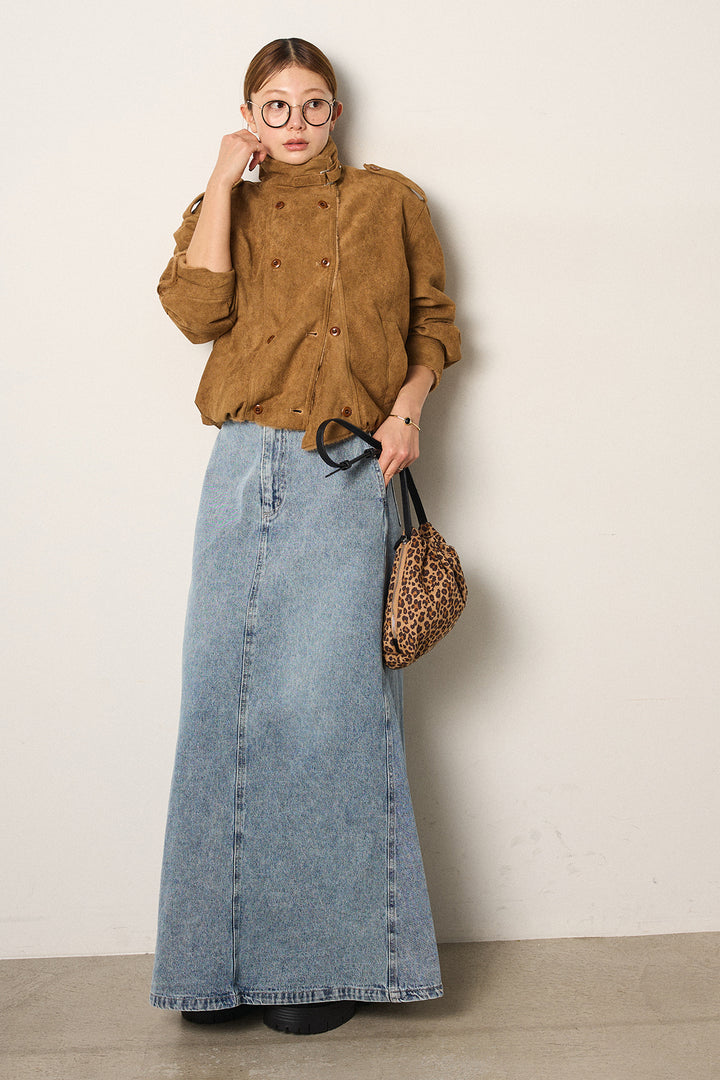 [SET]スタンド襟スウェードライクアウター+デニムロングフレアスカート(2set)