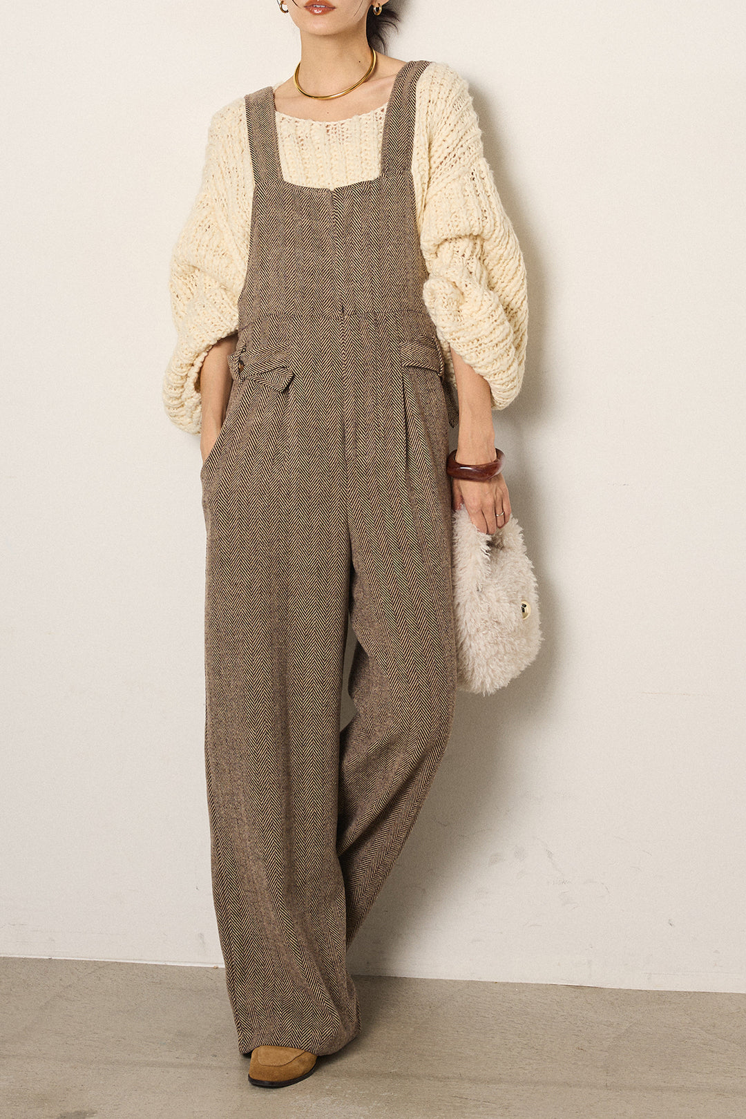 [SET]チャンキースラブニットクロップドプルオーバー+クラシックヘリンボーンサロペット(2set)