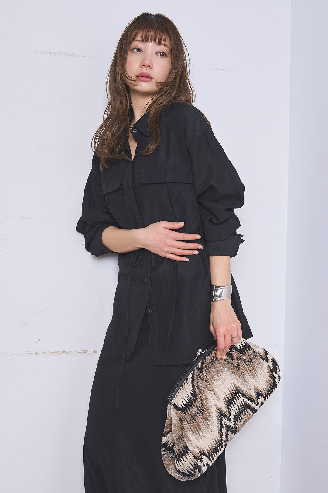 [SET]リネンブレンドシアーサファリシャツ+リネンブレンドロングナロースカート(2set)