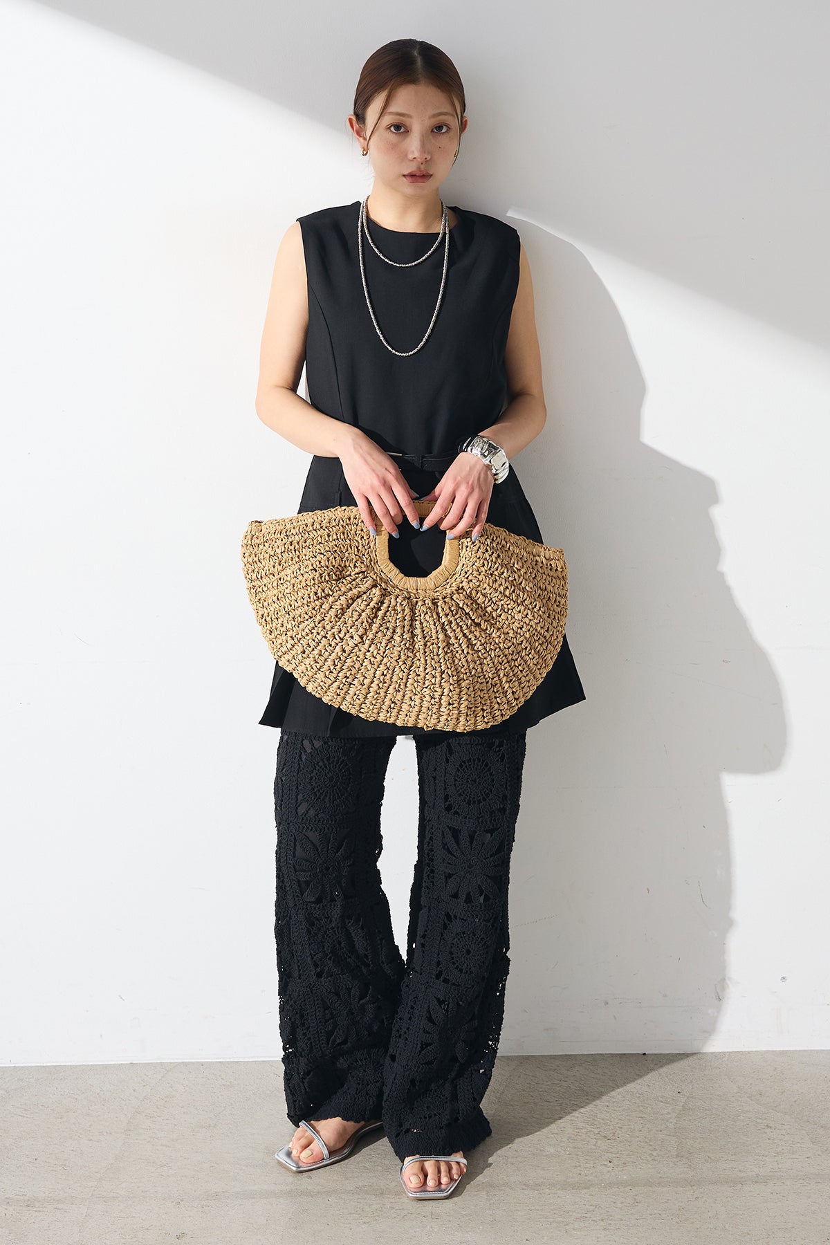 SET]ベルト付きプリーツチュニック+ブロッククロシェニット