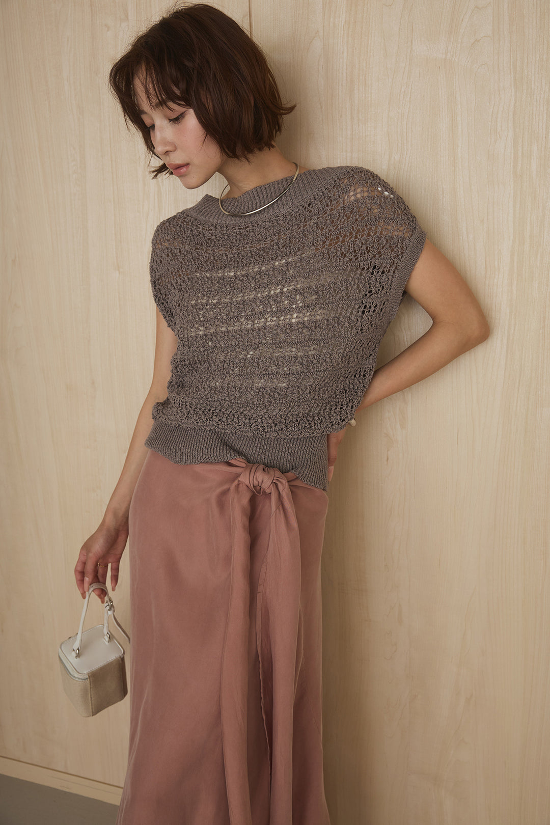 [SET]透かしレース編みフレンチニット+巻きロングスカート(2set)