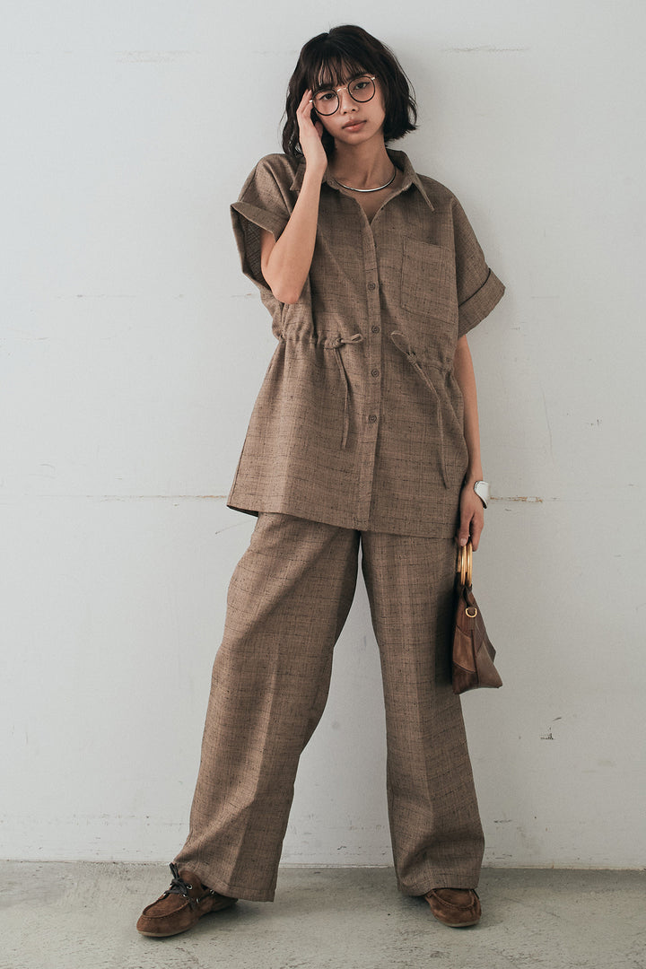 [SET]ツイードウエストドロストシャツ+ツイードタックパンツ(2set)