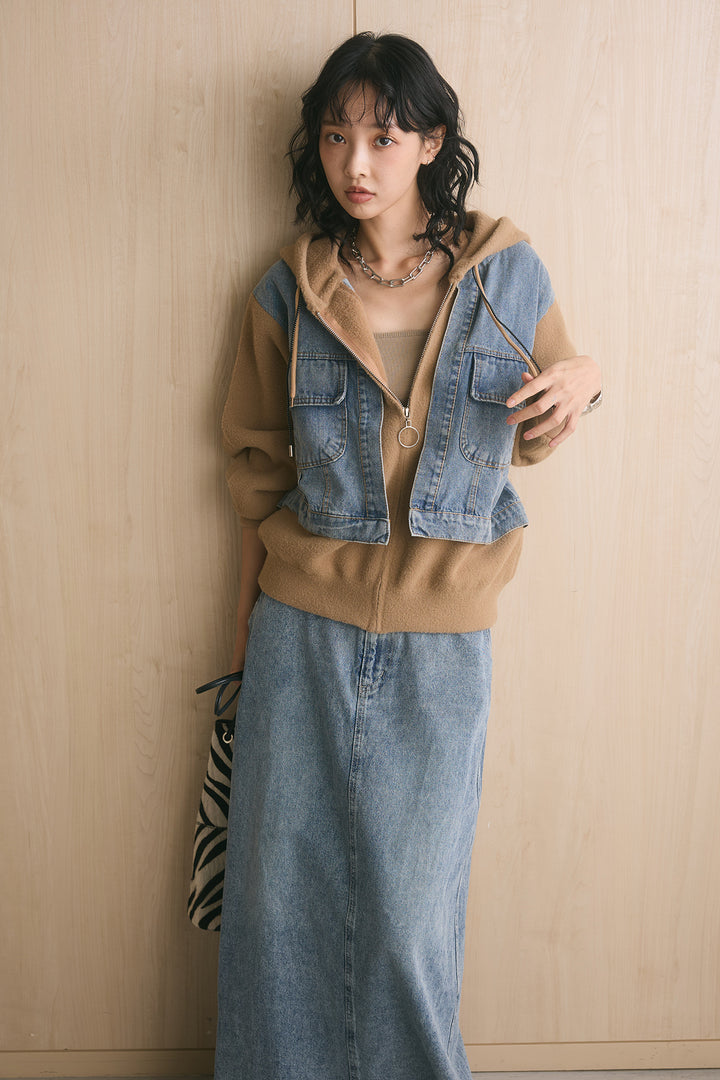 [SET]デニムコンビニットパーカー+デニムロングフレアスカート(2set)