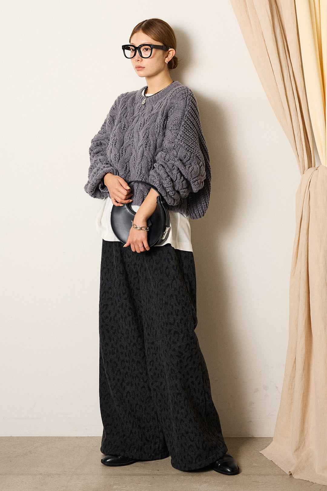 [SET]ケーブルリラックスショートニット+レオパードジャガードニットパンツ(2set)