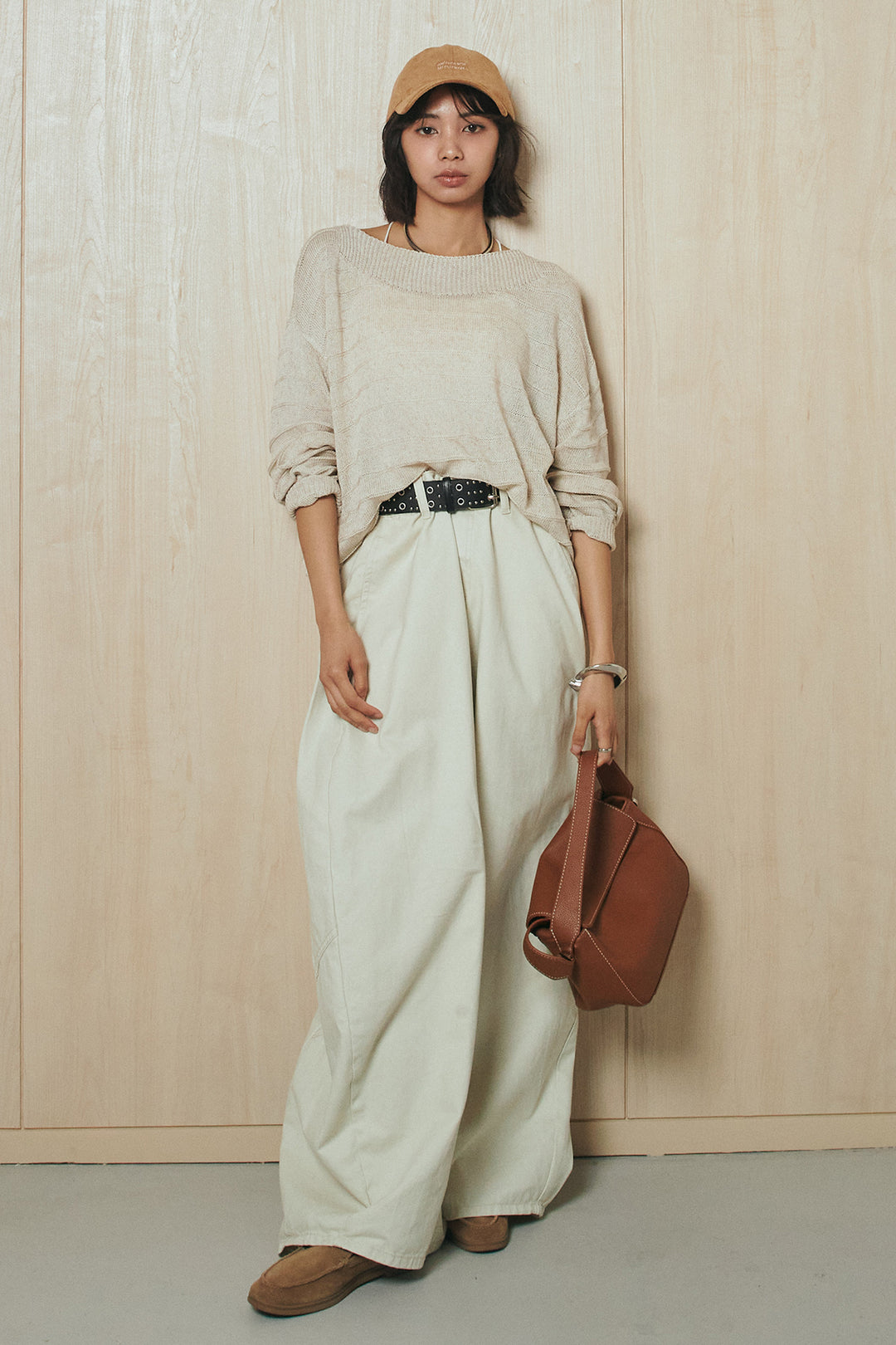 [SET]麻混リラックスニットトップス+ベルト付きカラーデニムパンツ(2set)