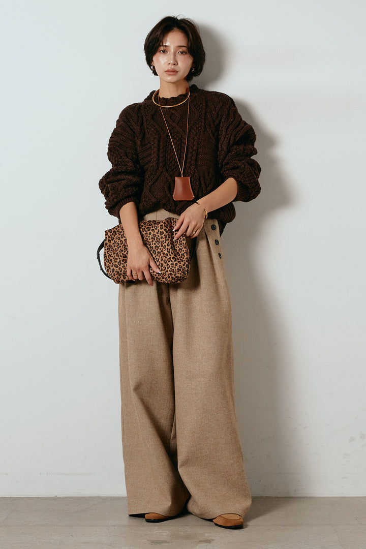 [SET]アラン柄ミックスケーブルニット+サイドボタンツイードタックパンツ(2set)