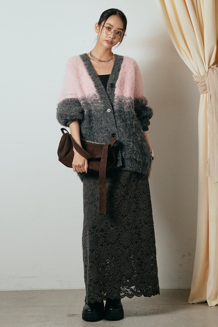 [SET]起毛グラデーションニットカーディガン+花柄刺繍ベロアフレアスカート(2set)